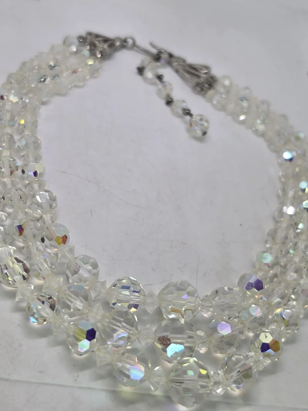 Vintage 3 Strand AB Aurora Borealis Crystal Glass Faceted Bead Necklace Choker
